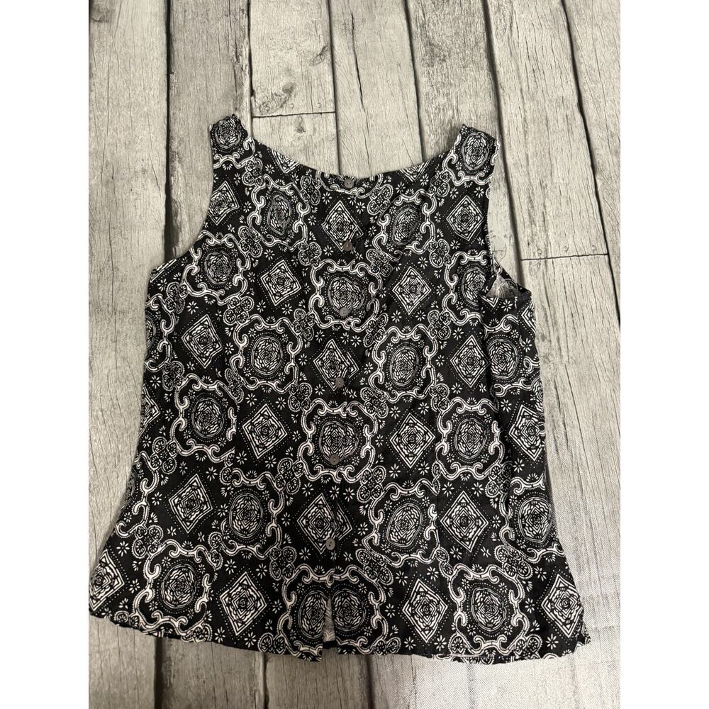 Women’s Charter Club 100% Linen Sleeveless Blouse Black White Button Back Sz 10 - Picture 6 of 7